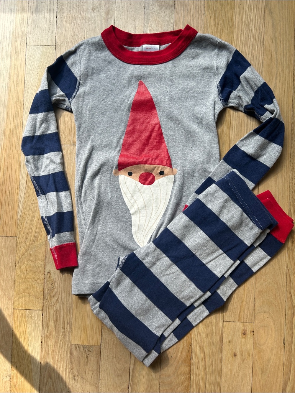 Hanna Andersson Gray & Navy Stripe Gnome Pajama Set with Red Trim